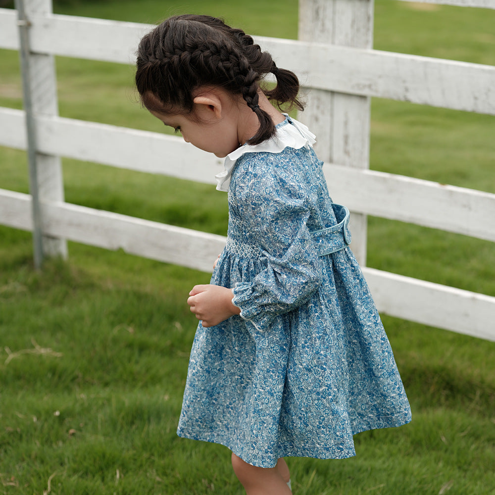 Full Sleeves Blue Floral Hand Smocked Dress,12M to 6T.