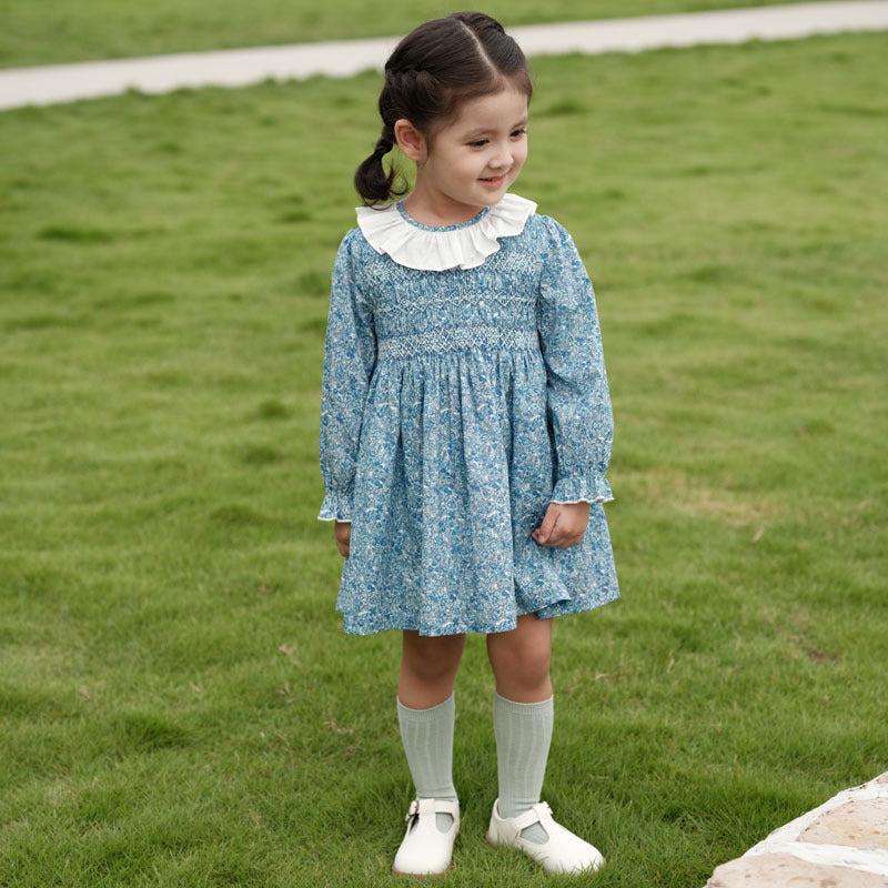 Full Sleeves Blue Floral Hand Smocked Dress,12M to 6T.