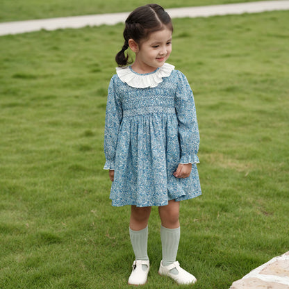 Full Sleeves Blue Floral Hand Smocked Dress,12M to 6T.
