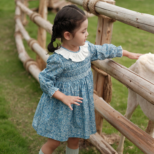 Full Sleeves Blue Floral Hand Smocked Dress,12M to 6T.