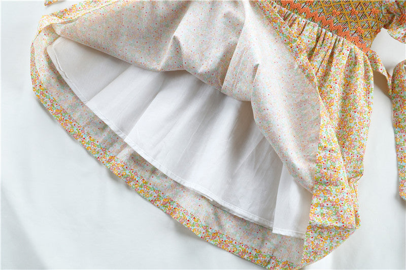 Floral Hand Smocked Dress With Embroidered Bows,2T to 6T.