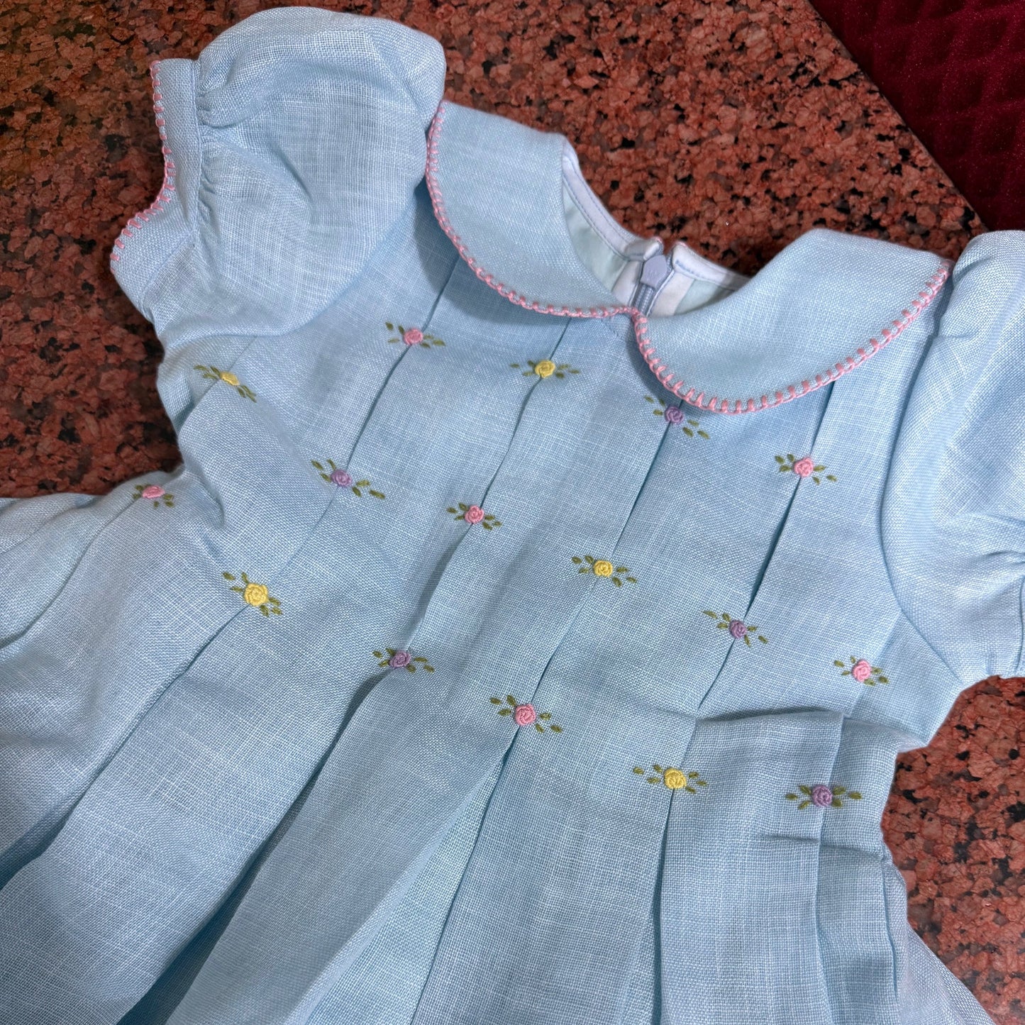 Classic Bullion Rose Hand Embroidered Dress (6M–8T) | Blue & White