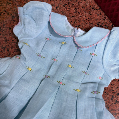 Classic Bullion Rose Hand Embroidered Dress (6M–8T) | Blue & White
