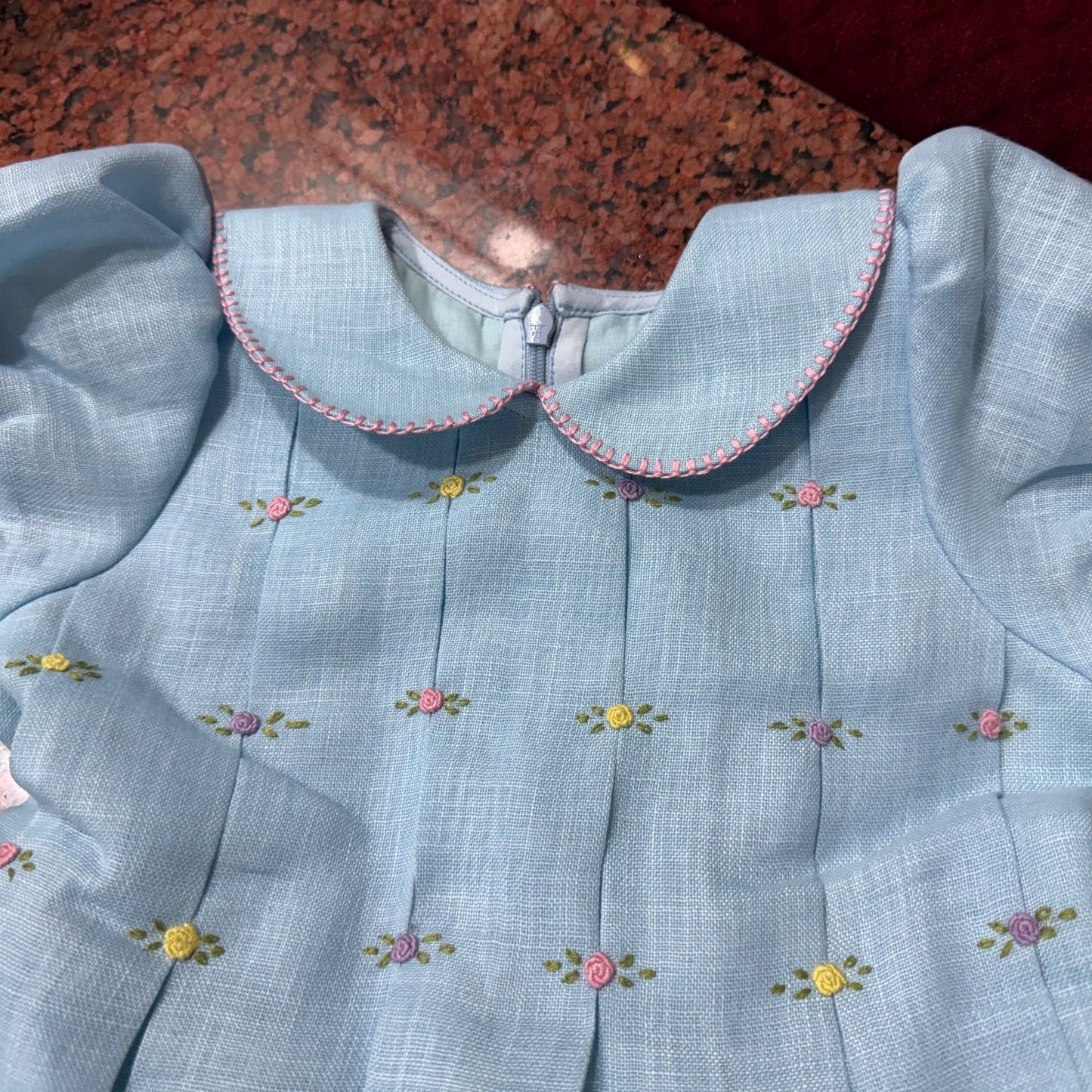 Classic Bullion Rose Hand Embroidered Dress (6M–8T) | Blue & White