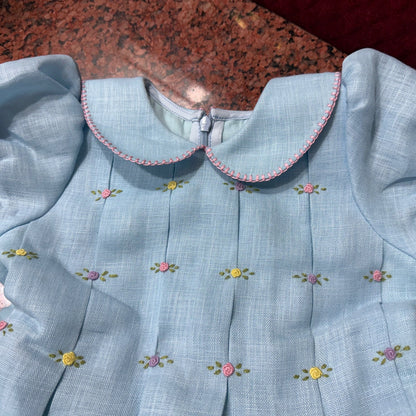 Classic Bullion Rose Hand Embroidered Dress (6M–8T) | Blue & White