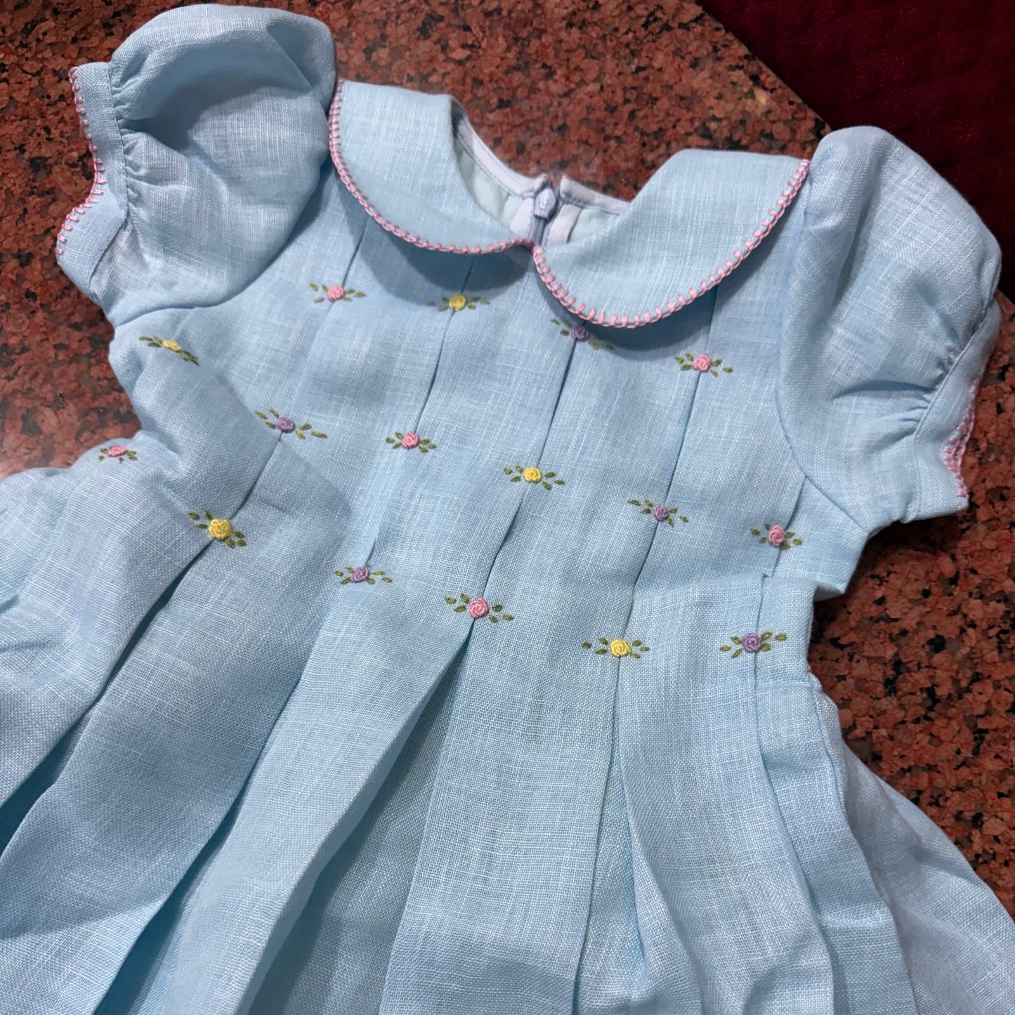 Classic Bullion Rose Hand Embroidered Dress (6M–8T) | Blue & White