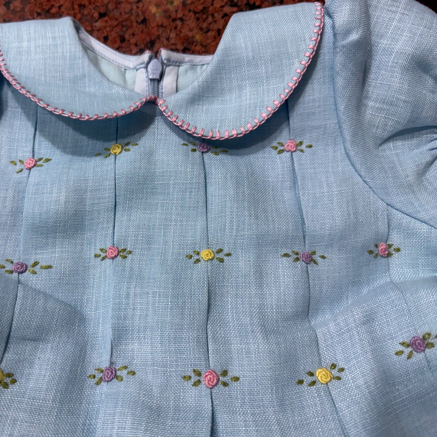 Classic Bullion Rose Hand Embroidered Dress (6M–8T) | Blue & White