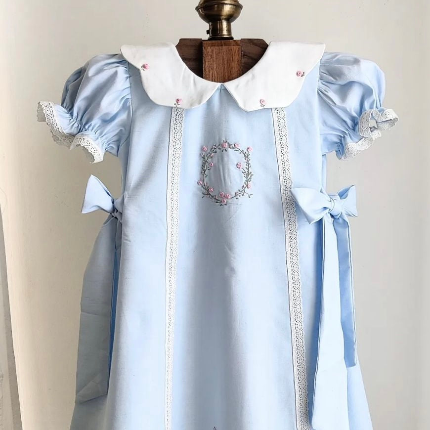 Scallop Collar Dress With Hand Embroidery,6M to 8T.