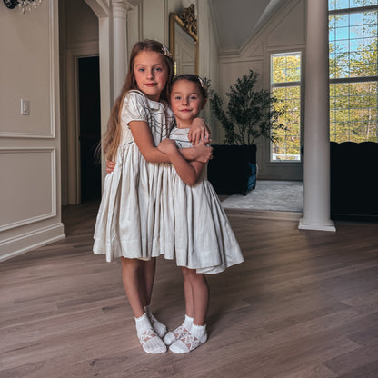 Hand-Smocked Beige Dress with Elegant Embroidery,3T-10T