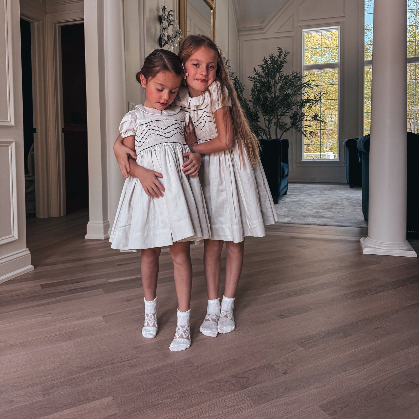 Hand-Smocked Beige Dress with Elegant Embroidery,3T-10T