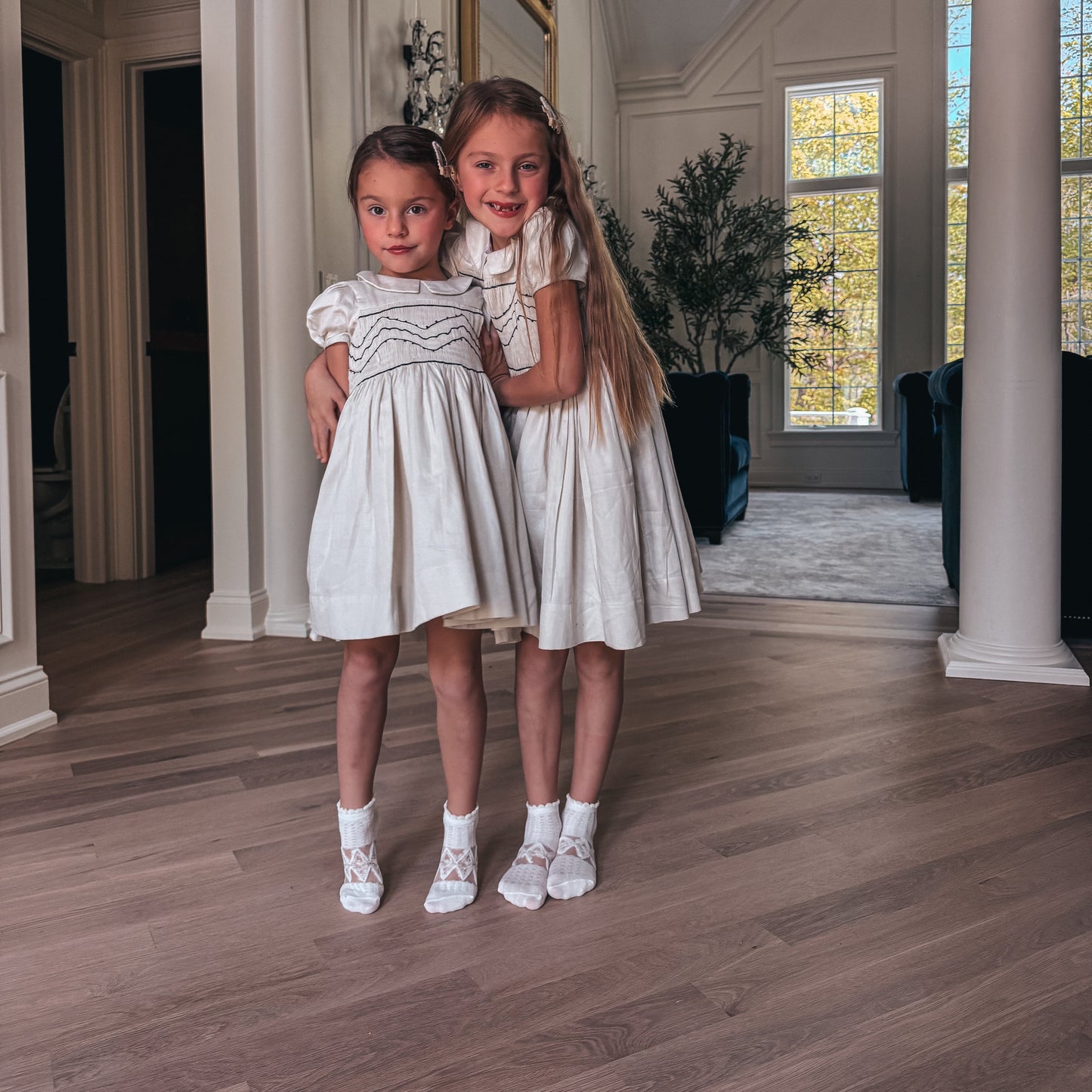 Hand-Smocked Beige Dress with Elegant Embroidery,3T-10T