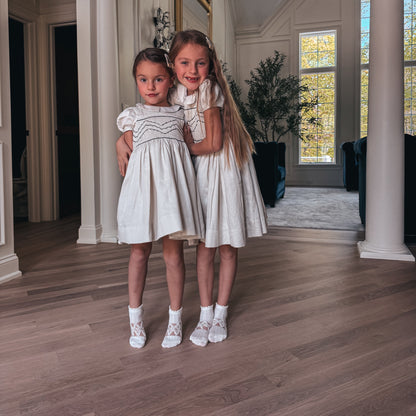 Hand-Smocked Beige Dress with Elegant Embroidery,3T-10T