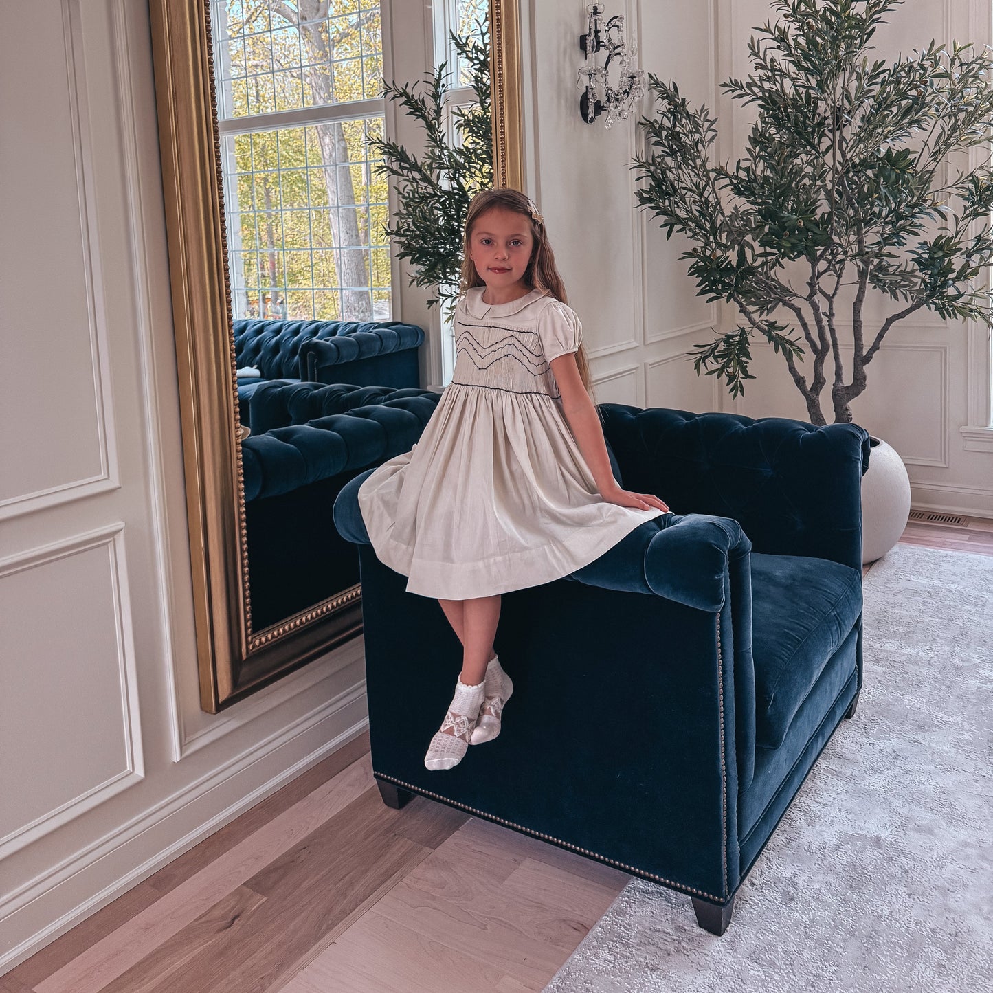 Hand-Smocked Beige Dress with Elegant Embroidery,3T-10T