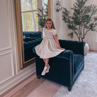 Hand-Smocked Beige Dress with Elegant Embroidery,3T-10T