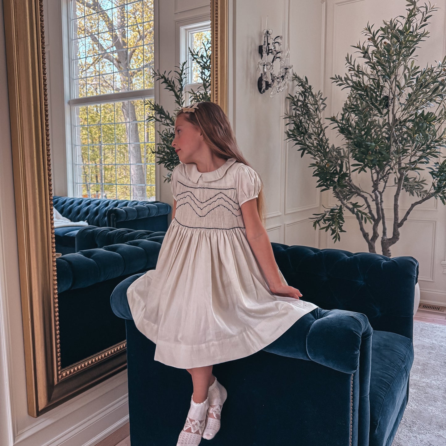 Hand-Smocked Beige Dress with Elegant Embroidery,3T-10T