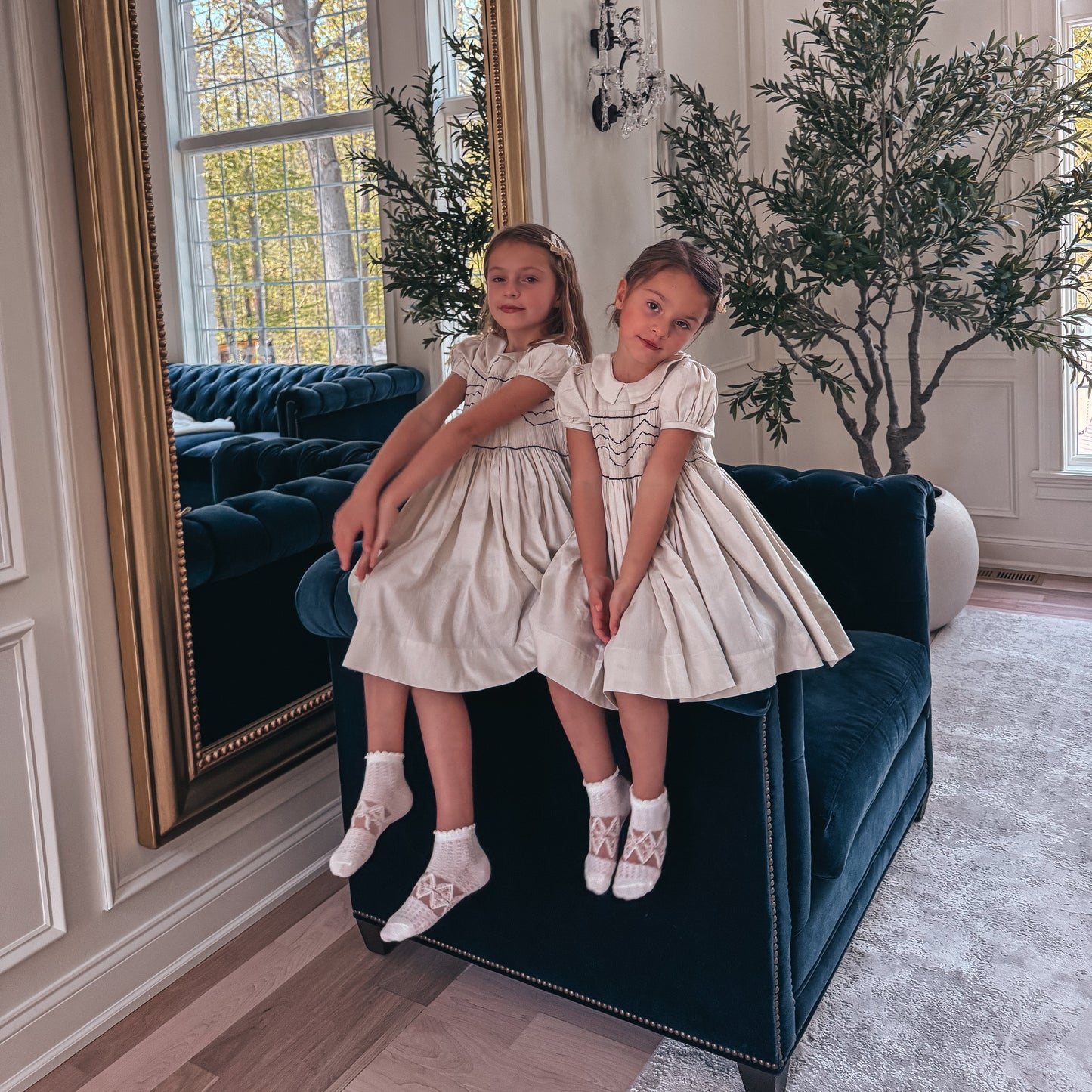 Hand-Smocked Beige Dress with Elegant Embroidery,3T-10T