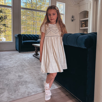 Hand-Smocked Beige Dress with Elegant Embroidery,3T-10T