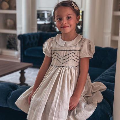 Hand-Smocked Beige Dress with Elegant Embroidery,3T-10T
