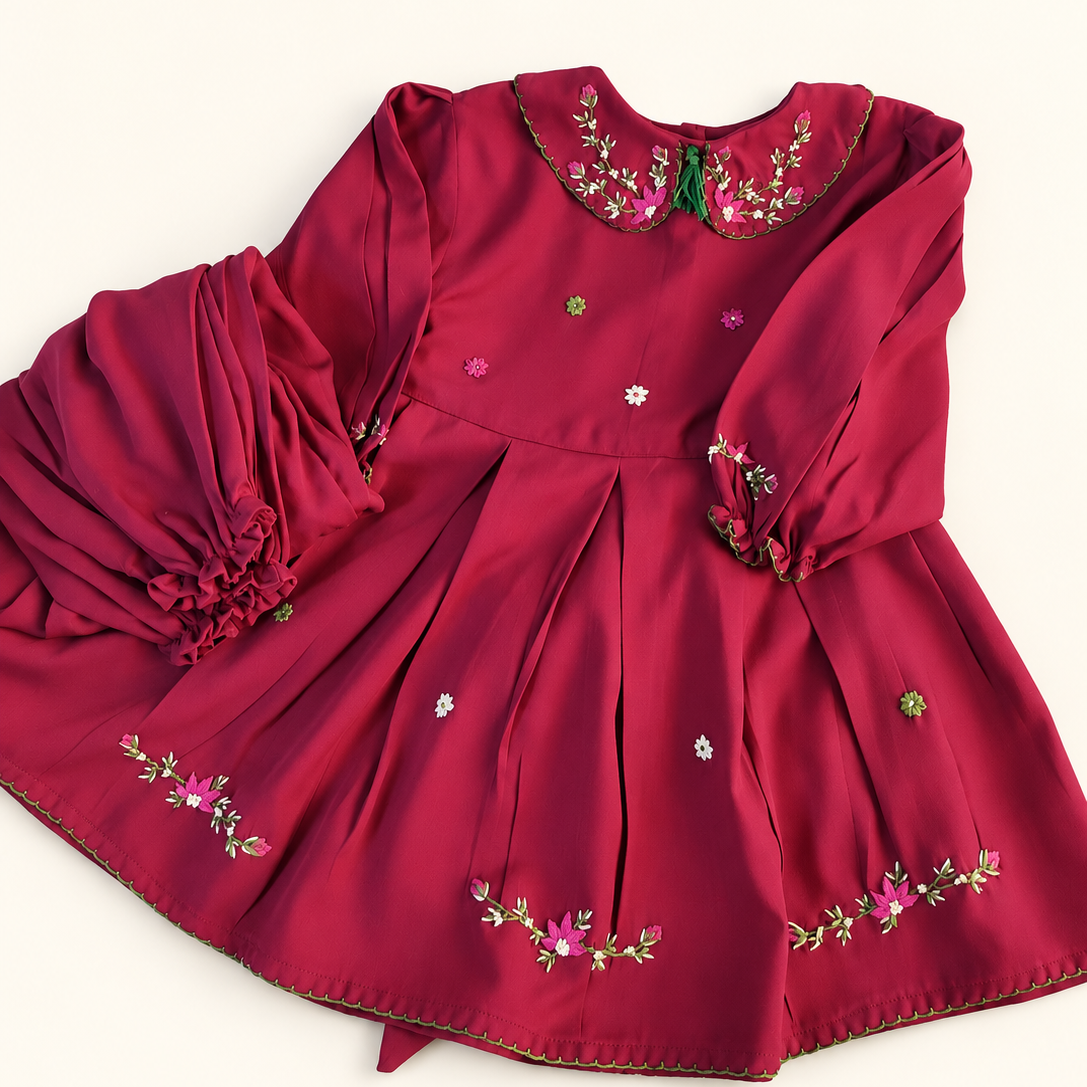 Deep red embroidered girls dress with pleated skirt