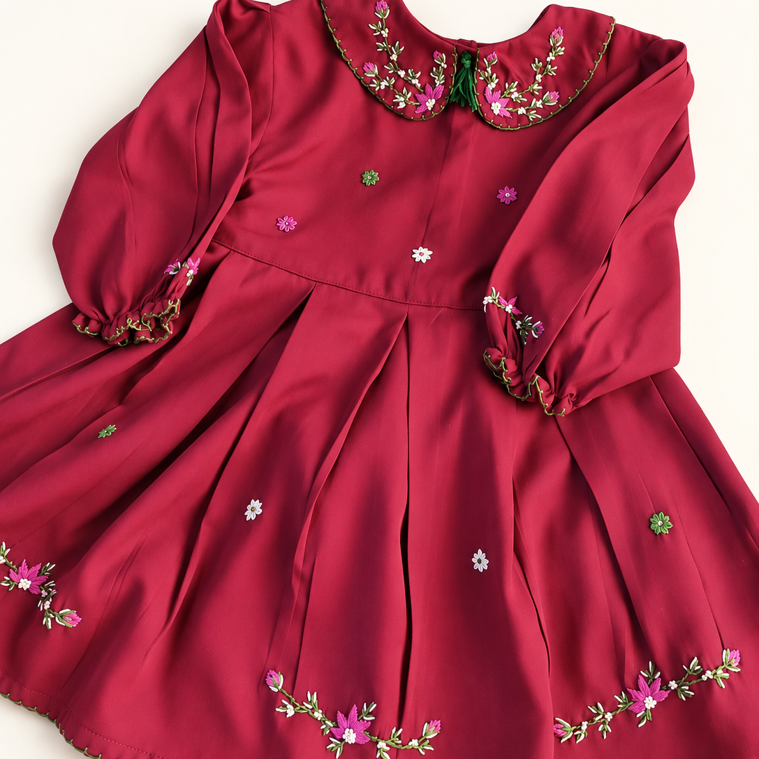 Deep red floral hand embroidered girls dress with long sleeves and Peter Pan collar