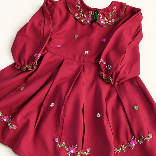 Deep red floral hand embroidered girls dress with long sleeves and Peter Pan collar