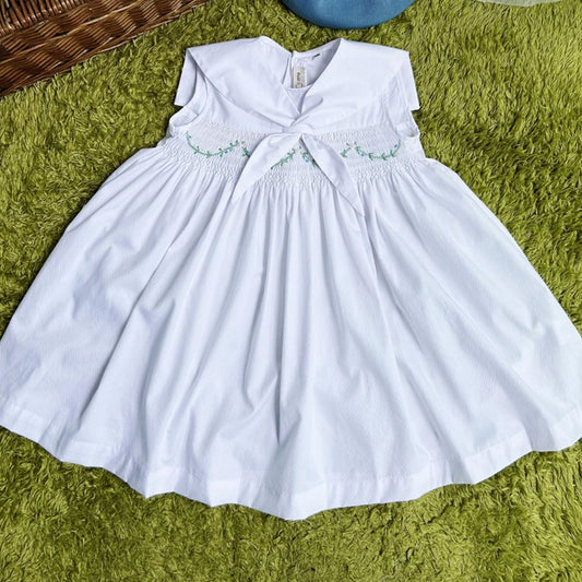 Hand Smocked Navy Collar Dress,12M to 7T.
