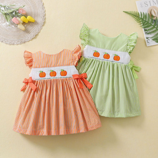 Cute Pumpkin Embroidered Dresses,12M to 5T.