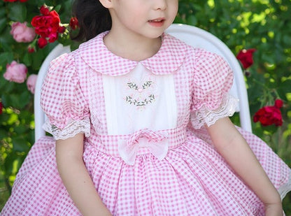 Pink Gingham Embroidered Dress,2T to 7T.