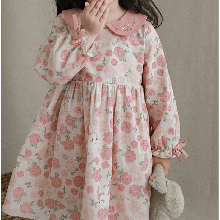 Pink Floral Dress With Embroidered Collar,12M to 6T.