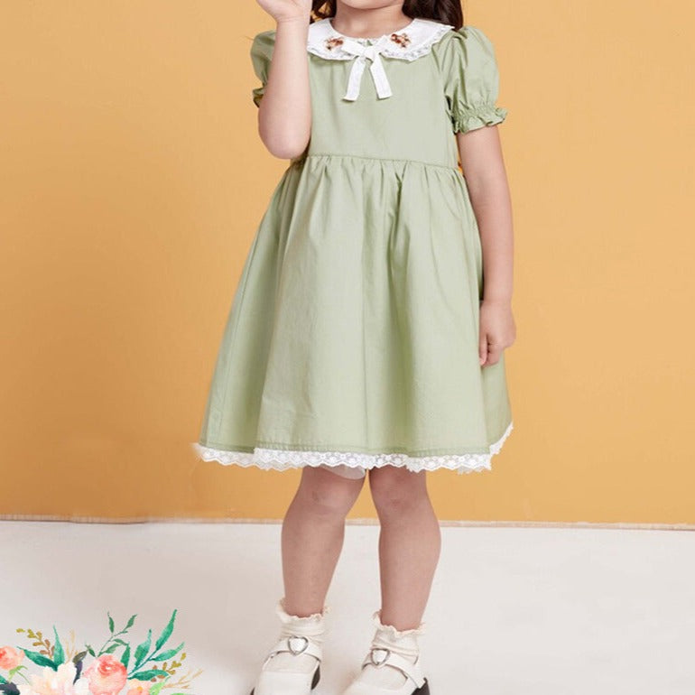 Cute Peter Pan Collar Dress With Embroidery,Green/Purple,12M to 5T.