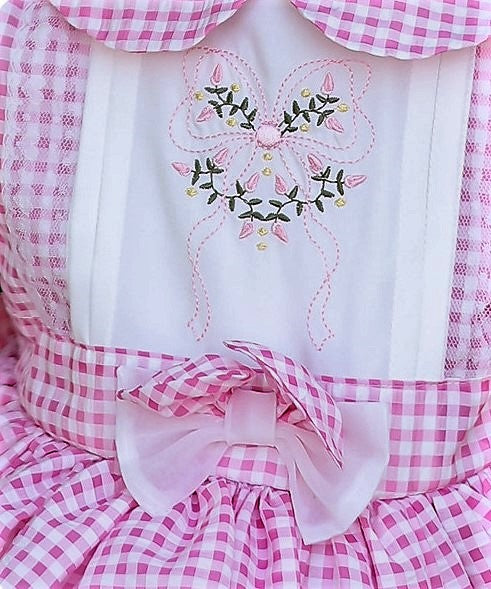 Pink Gingham Embroidered Dress,2T to 7T.