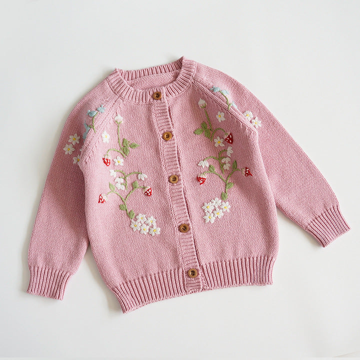 Hand Embroidered Cardigan,Pink/Beige,2T to 6T