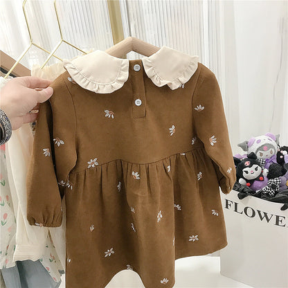 Brown Cotton Long-Sleeve Girls Dress, 2T–7T