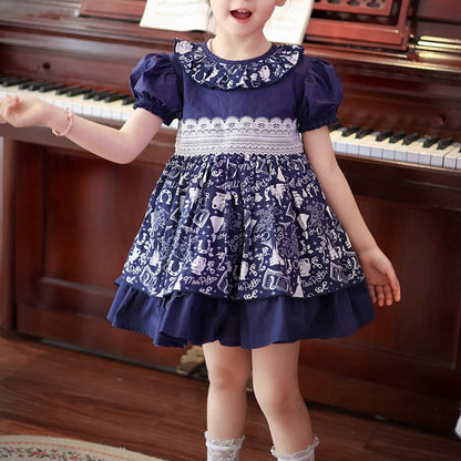 Cute Blue Print Dress,2T to 7T