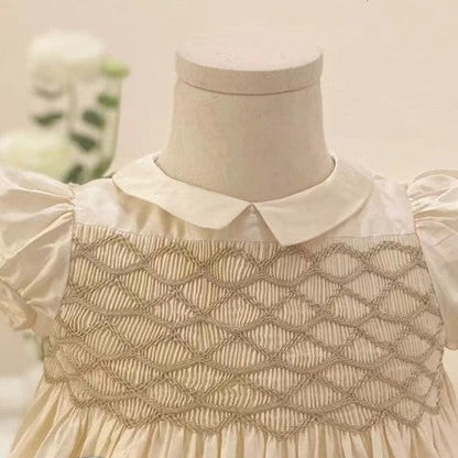 Gorgeous Hand Smocked Dress,Biege/Blue,12M to 8T