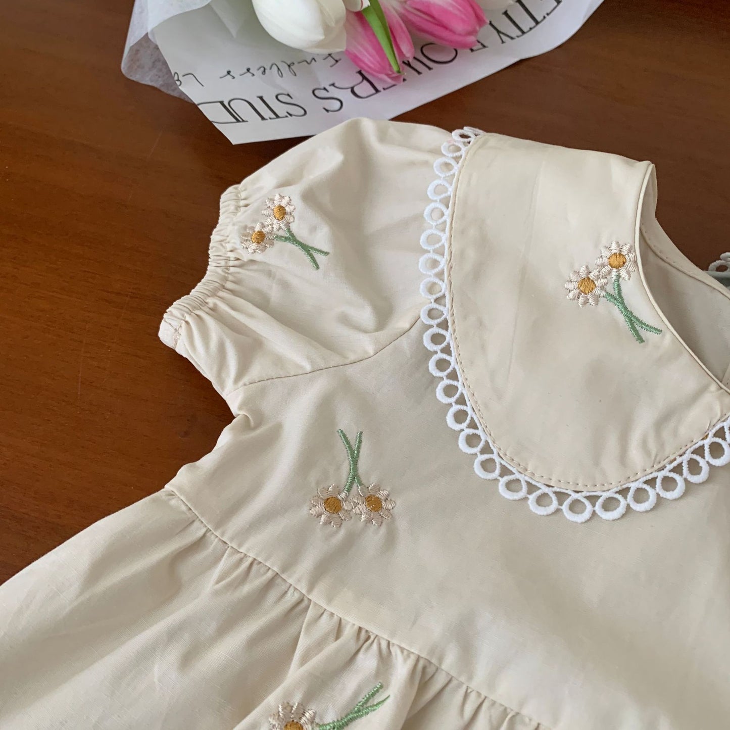 Cute Peter Pan Collar Embroidered Dress,Apricot/Green,12M to 6T.
