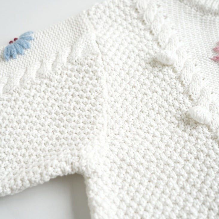 White Hand Embroidered Pullover Sweater,2T to 6T.