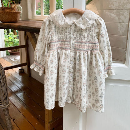 Embroidered Floral Dress With Lace Collar,12M to 5T