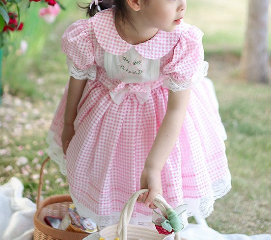 Pink Gingham Embroidered Dress,2T to 7T.