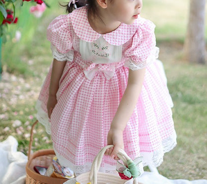 Pink Gingham Embroidered Dress,2T to 7T.