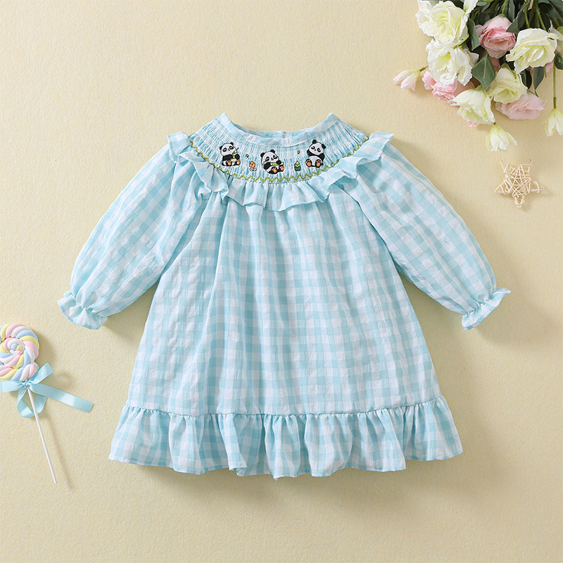 Cute Plaid Dress With Embroidered Panda,12M to 5T.