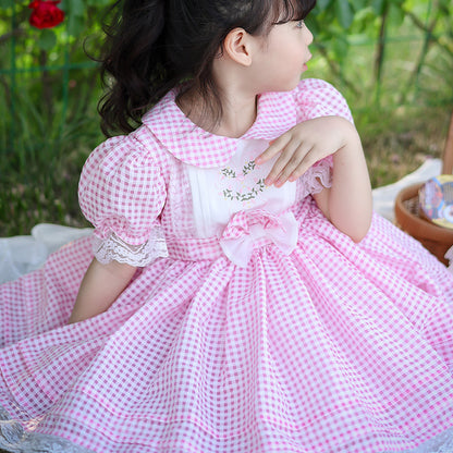 Pink Gingham Embroidered Dress,2T to 7T.