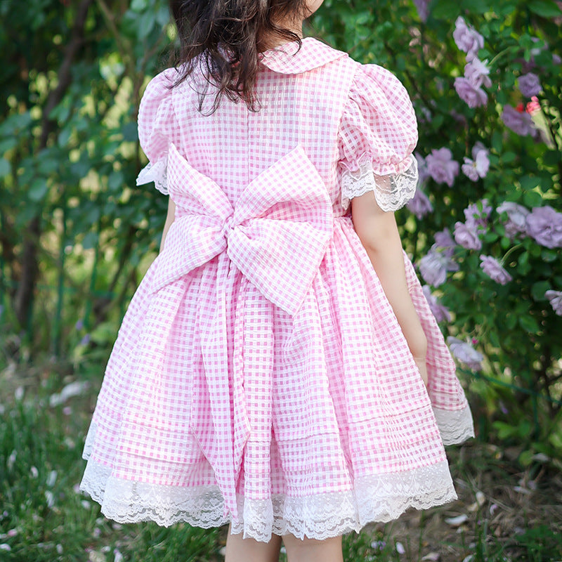 Pink Gingham Embroidered Dress,2T to 7T.