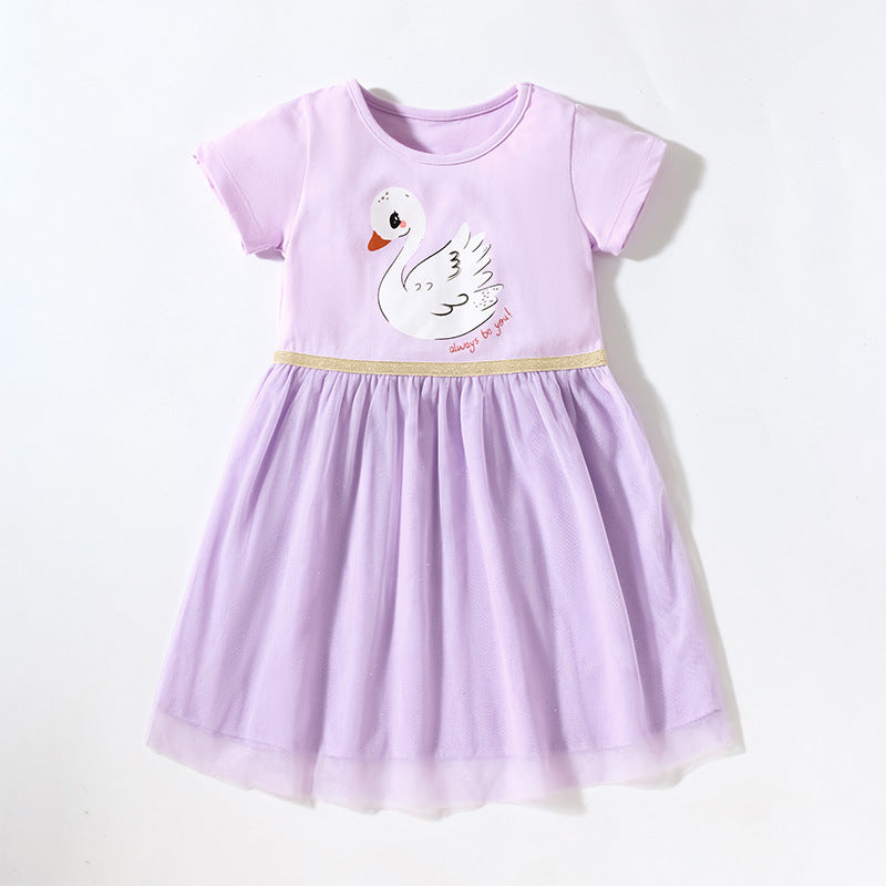 Cute Swan Printed Casual Play Dress,2T to 7T.