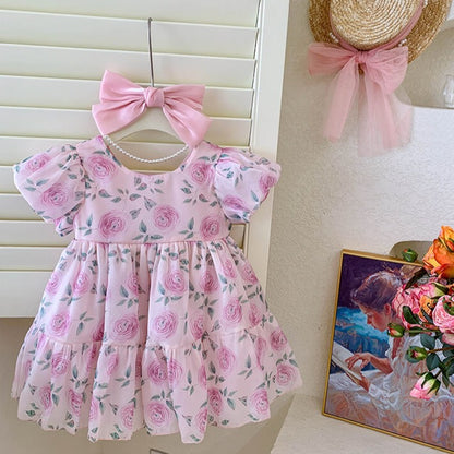 Rose Print Spring Dress,2T to 7T.