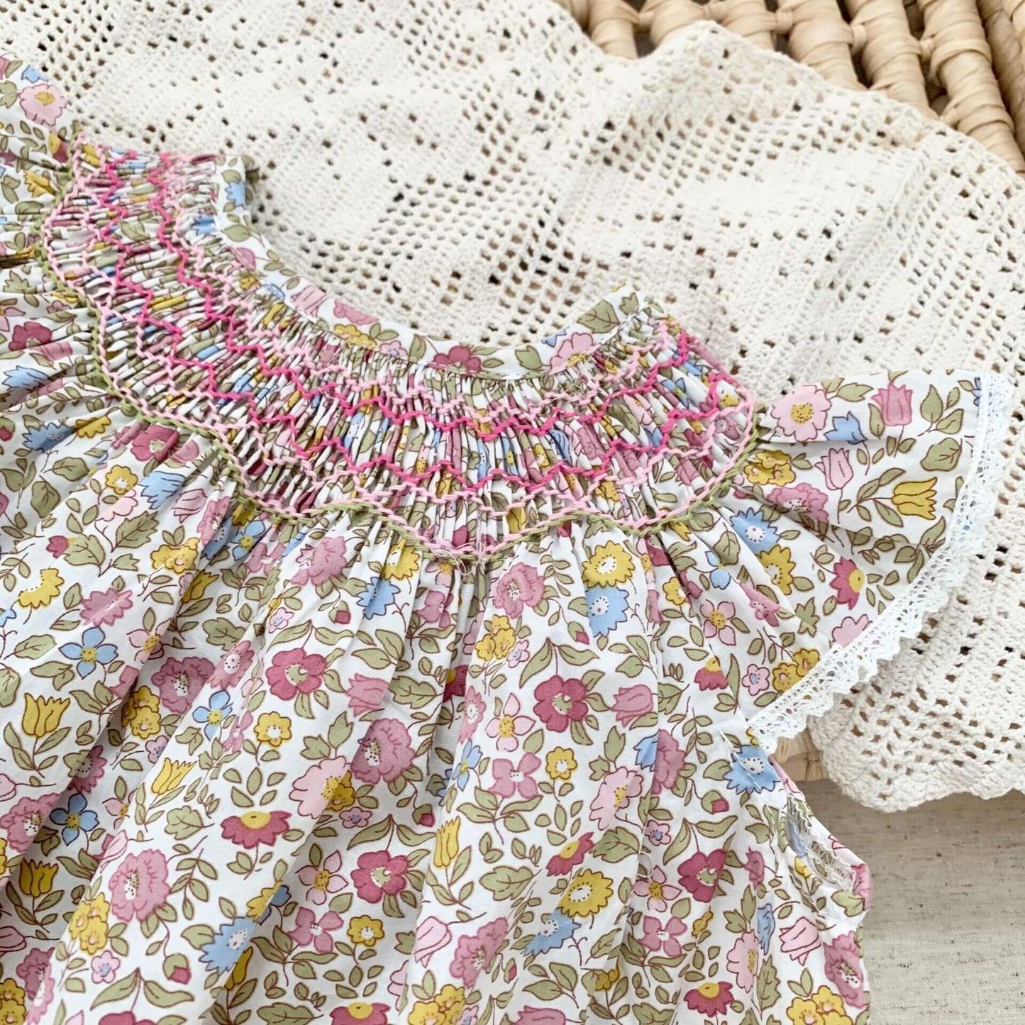 Cute Smocked Bishops,White/Floral,2T to 6T.