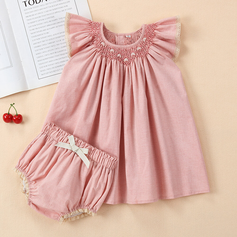 Pink Hand Smocked Dress With Bonnet & Shorts,3M to 4T.