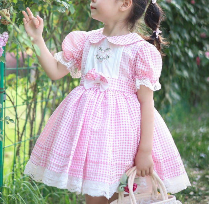 Pink Gingham Embroidered Dress,2T to 7T.