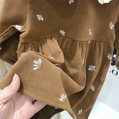 Brown Cotton Long-Sleeve Girls Dress, 2T–7T
