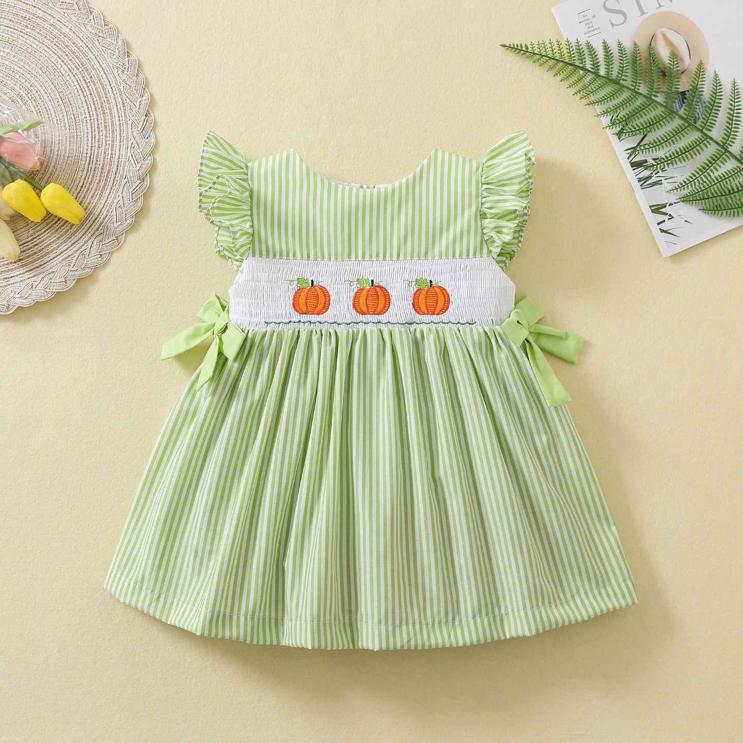 Cute Pumpkin Embroidered Dresses,12M to 5T.